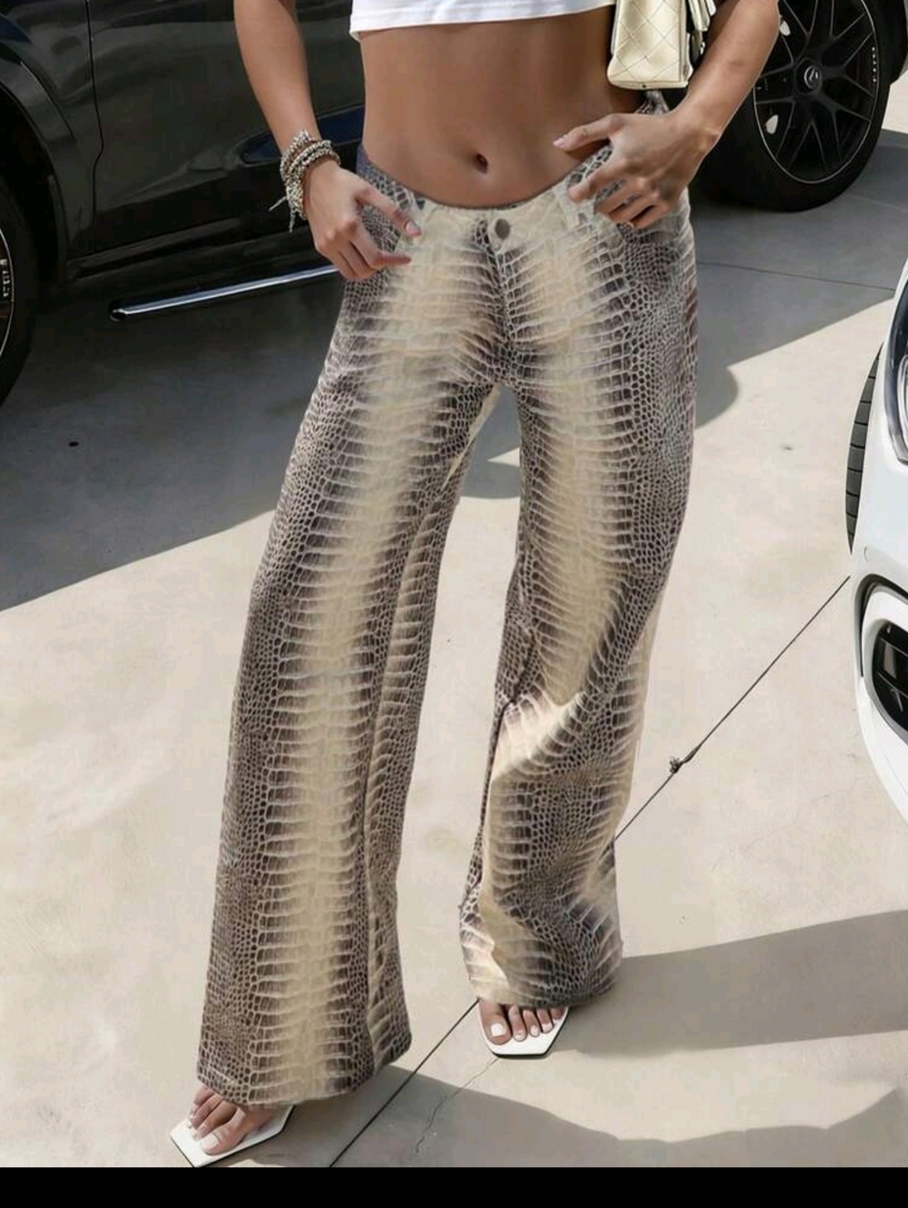 Wide Leg Snakeskin Print Pants - Beige - Picture 2 of 8